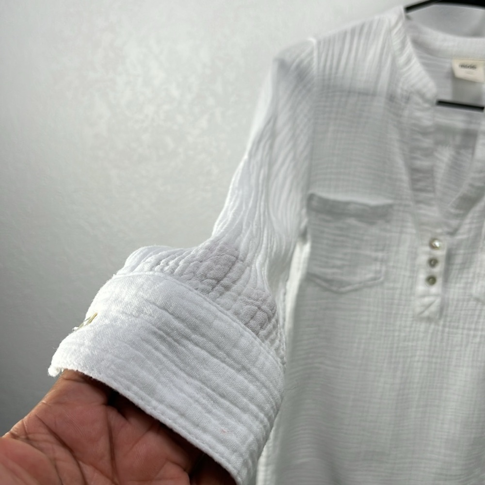 Mote V-Neck Tunic Top Sz S White Henley Pockets Bohemian Gauze Cotton TC0617 - Picture 5 of 8